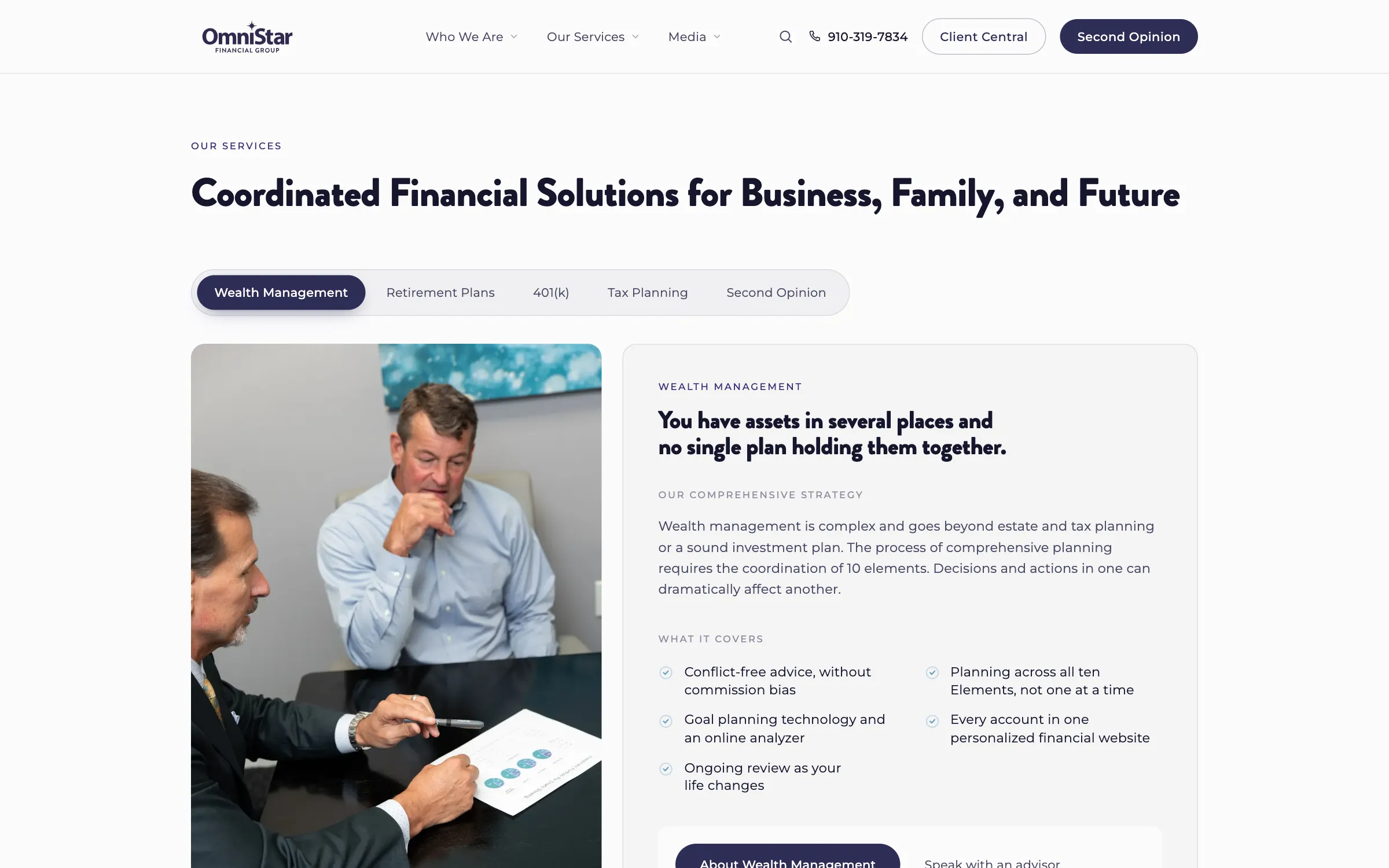 OmniStar Financial Group: Our Services as a tabbed chooser on a laptop, an accordion on a phone.